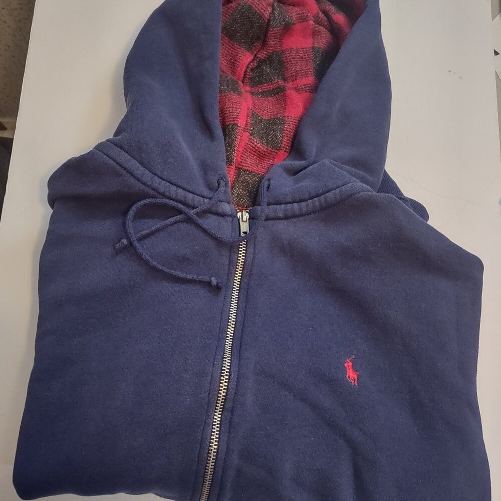 Polo Ralph Lauren Size L Men`s Blue solid Fleece Full-Zip Hooded Jacket Heavy